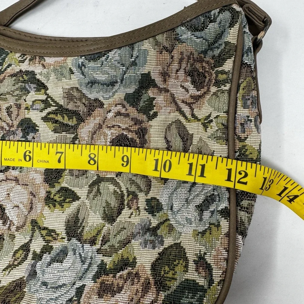 One East Carpet Bag Purse Tapestry Green Pink Canvas Med Zip Close Faux Leather